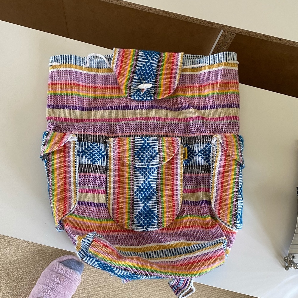 Multicolor Woven Baja-Style Backpack with Drawstring, Shell Accent & Pockets